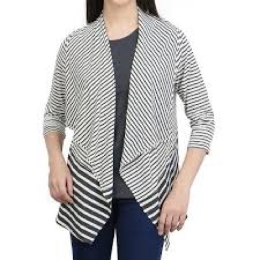 Parsley & Sage NEW Simone Black/grey/White Striped Cardigan SZ S open front work